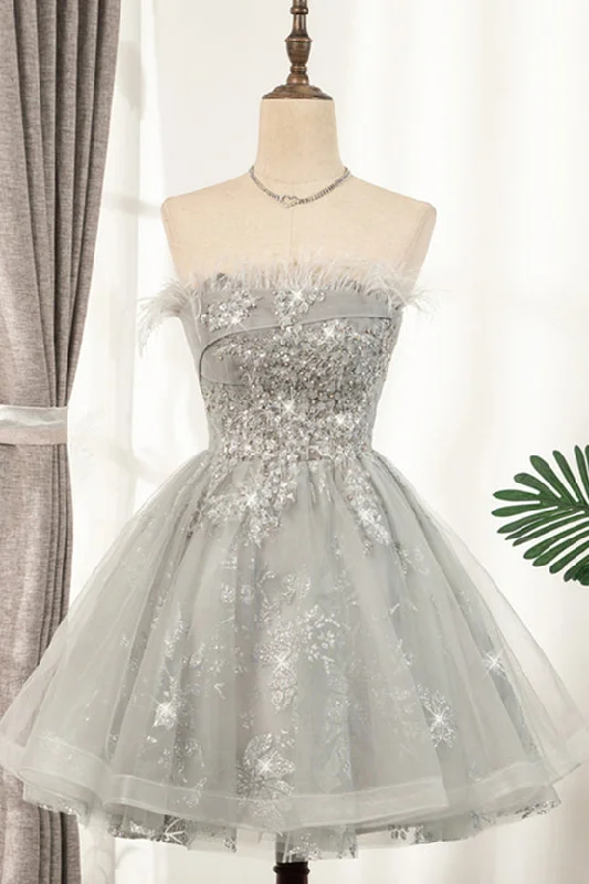 Exclusive Online Offer satin dressSilver Strapless Feathers Beaded Tulle Homecoming Dress