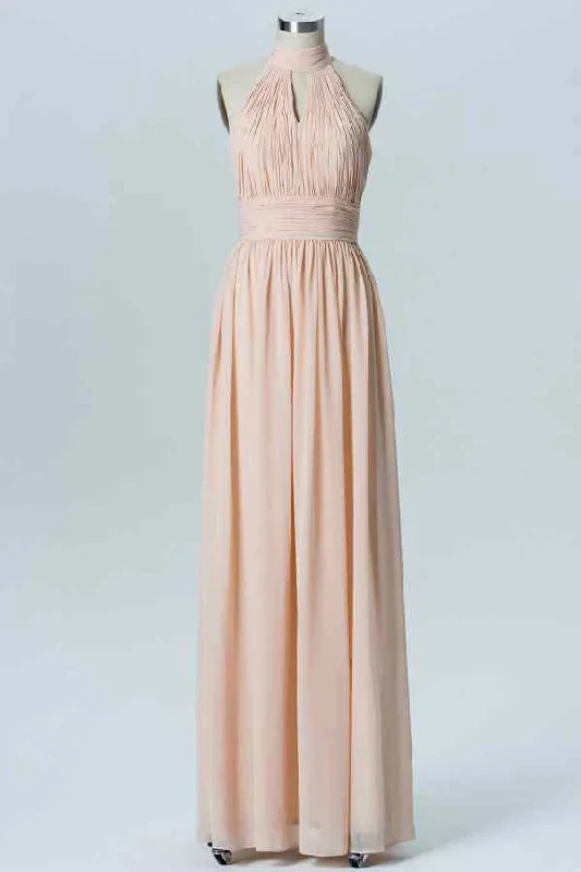 Unbeatable Prices floral midi dressBlushing Pink A-line Halter Pleated Cut-Out Chiffon Long Bridesmaid Dress