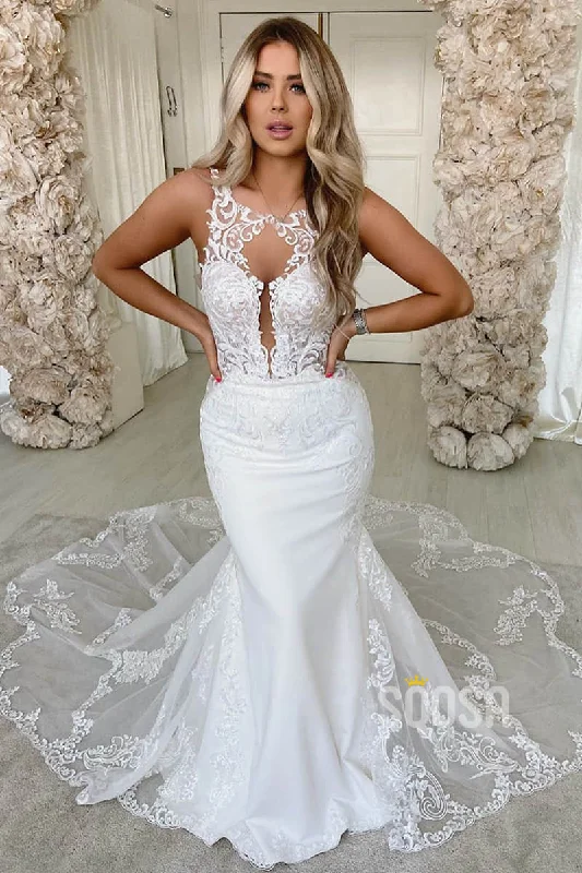 New Arrival minimalistic dressChic Bateau Neck Lace Appliques Mermaid Wedding Dress Bridal Gown QW2093