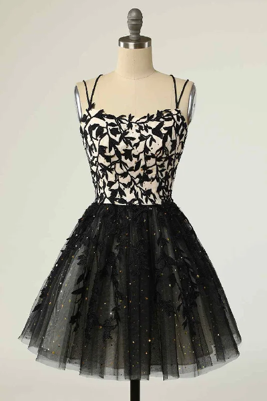 Loyalty Reward elegant evening dressBlack A-line Double Spaghetti Straps Lace-Up Applique Mini Homecoming Dress