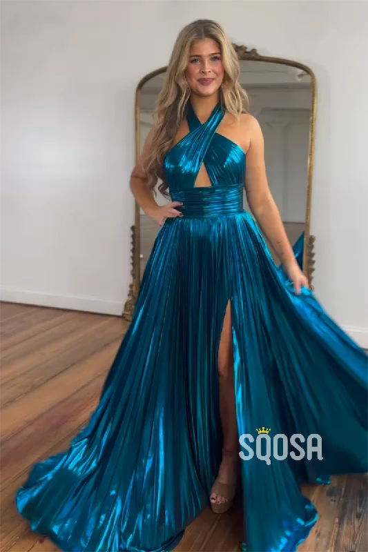 Deal of the Week elegant dressA-Line Navy Blue Satin Criss Cross Halter Long Prom Dress Evening Gowns QP0999B