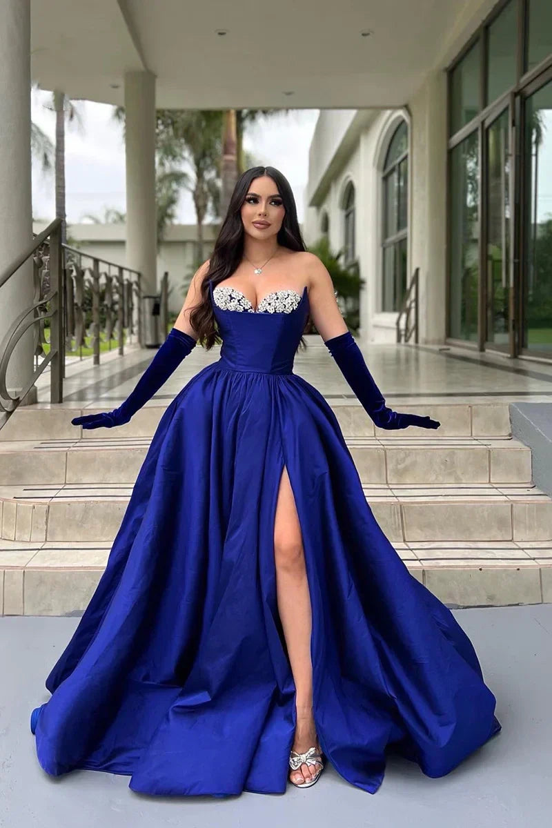 Must-Have Deals casual evening dressSatin A-Line Sweetheart Strapless Beaded Empire Prom Dress