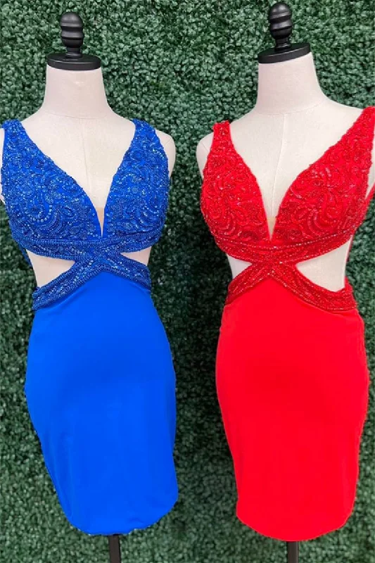 YEAR-End Clearance off-the-shoulder dressRoyal Blue Sheath Sequined Deep V Neck Satin Homecoming Dress