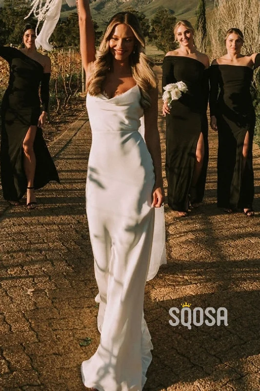 Deal Frenzy satin dressSpaghetti Straps Lace Simple Bohemian Wedding Dress QW2473