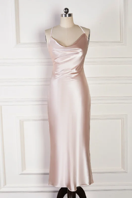 Price Buster casual summer dressChampagne Mermaid Spaghetti Straps Satin Backless Long Bridesmaid Dress