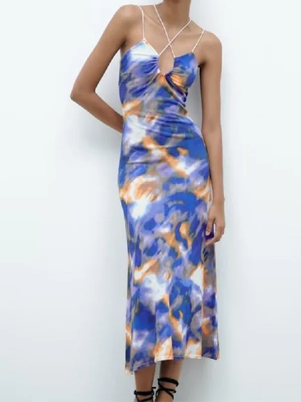 Price Reduction stylish peacoatKumsvag 2023 Women Summer Strap Dress Vintage Strapless Print Slim Sleeveless Female Elegant Street Sheath Mid-Calf Dresses