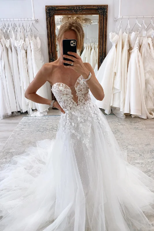 Savings Alert draped dressA Line Illusion Neckline Lace Appliques Rustic Wedding Dress QW2158