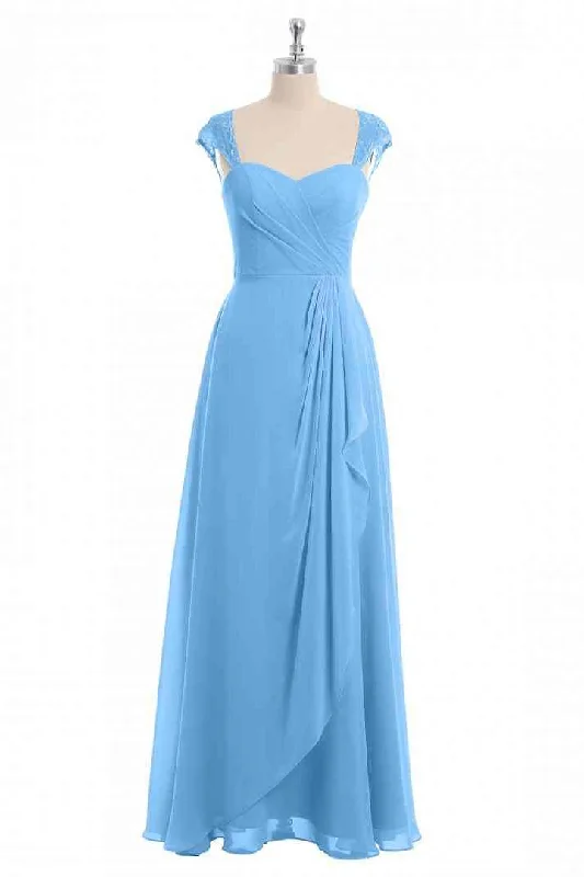 Holiday Sale minimalistic dressBlue A-line Cap Sleeves Chiffon Long Bridesmaid Dress