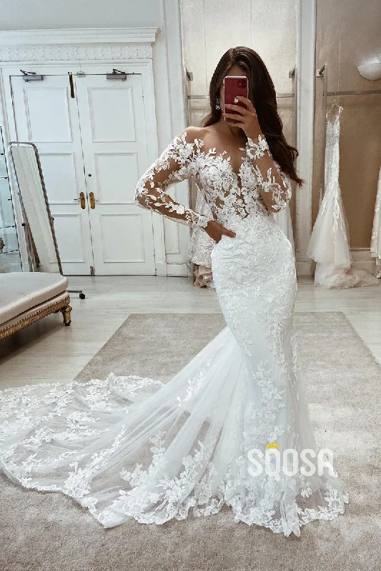 Hurry In satin dressIllusion Neckline Long Sleeves Allover Lace Mermaid Wedding Dress QW2679