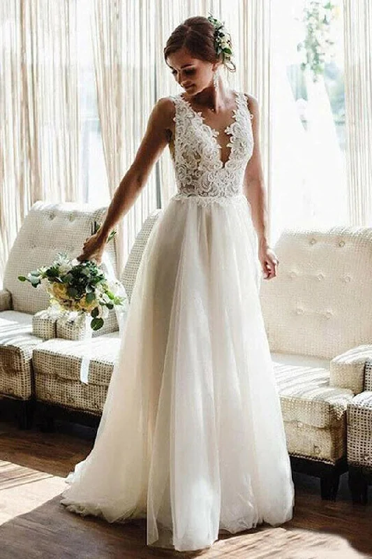 Seasonal Clearance White/Ivory V Neck Lace Tulle Bridal Dress Aline Beach Wedding Dress