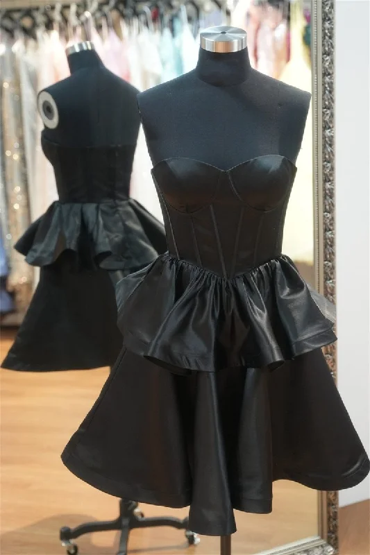 Closeout Sale cocktail party dressBlack A-line Strapless Satin Mini Homecoming Dress