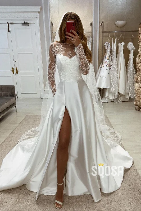 Savings Bonanza sleek midi dressChic Satin A-Line Lace Long Sleeves Appliques With Side Slit Train Wedding Dress QW8095 Savings Bonanza sleek midi dressChic Satin A-Line Lace Long Sleeves Appliques With Side Slit Train Wedding Dress QW8095