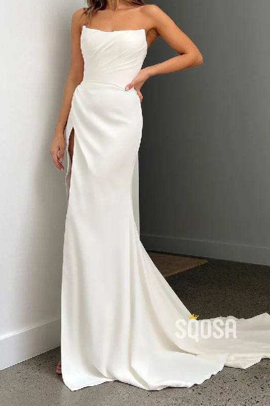 Best Seller satin midi dressCasual Satin Trumpet Bateau Strapless Ruched With Side Slit Beach Wedding Dress  QW8202