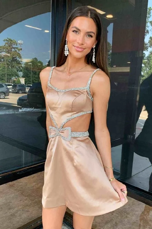 Price Reduction minimalistic dressSpaghetti Straps Blue Cutout Homecoming Dress with Bow