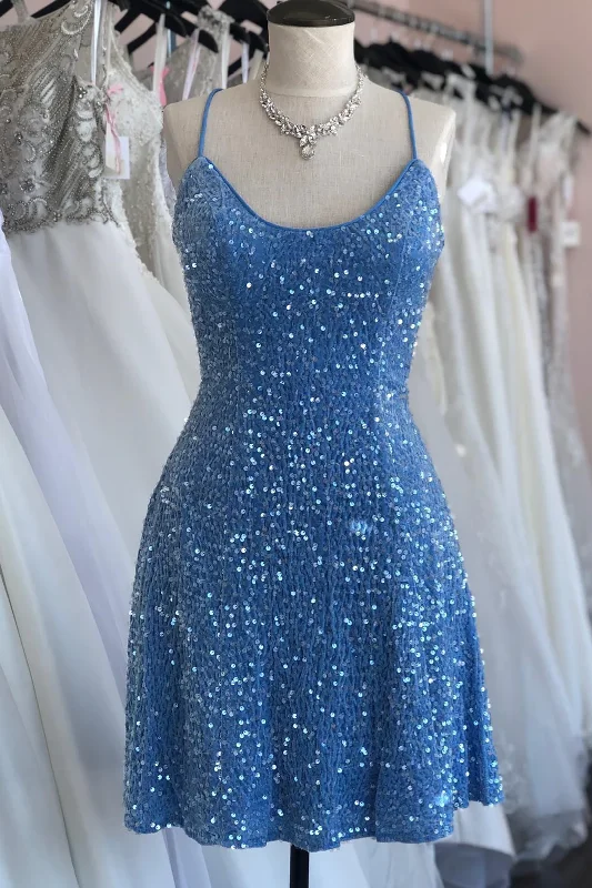 Super Sale elegant dressBlue Sheath Sequins Lace-Up Mini Homecoming Dress Y3007