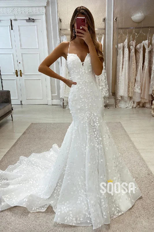 Best Deals bodycon dressAllover Lace Wedding Dress Spaghetti Straps Mermaid Bridal Gown QW2562