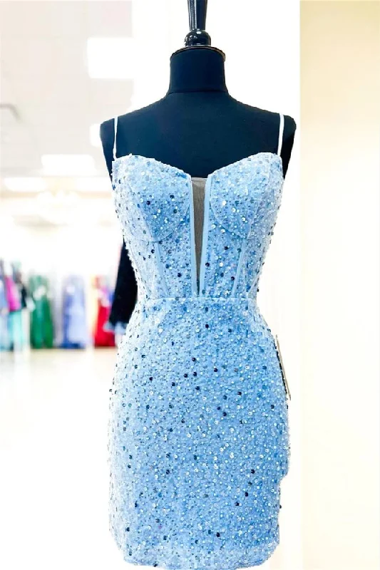 Closeout form-fitting dressStraps Blue Sequins Bodycon Homecoming Dress