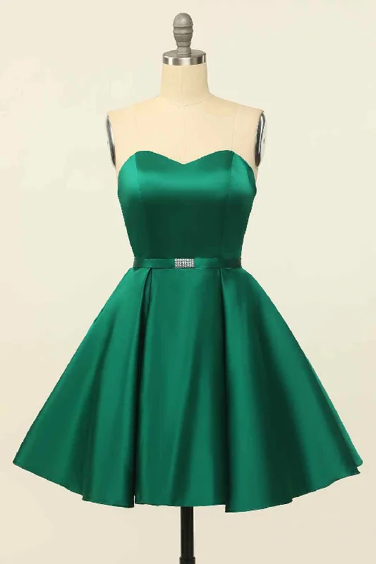 Closeout satin midi dressHunter Green A-line Strapless Satin Mini Homecoming Dress with Beaded Sash