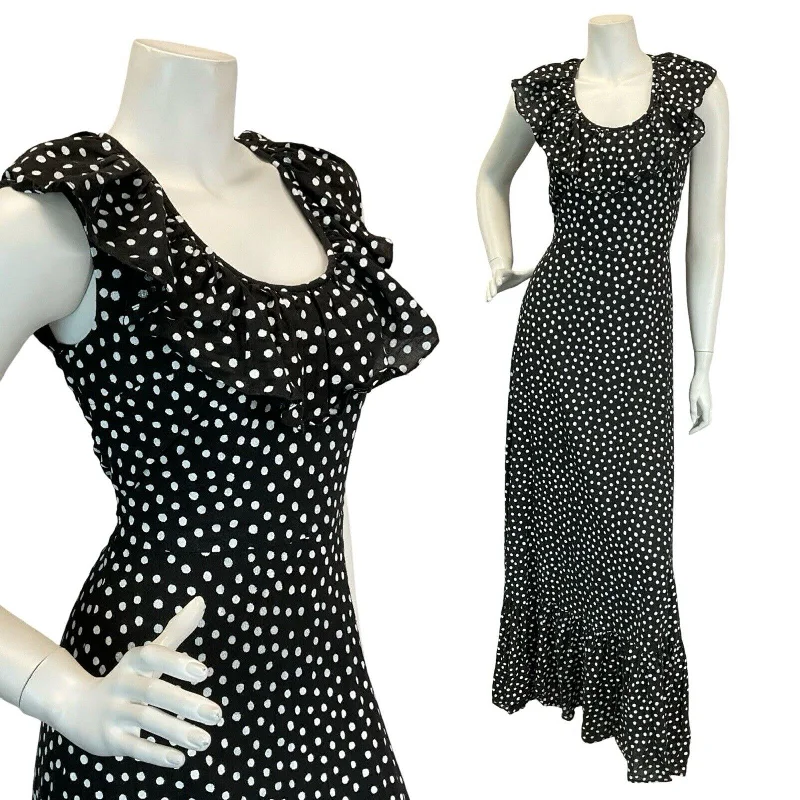 Sale Event VTG VERA MONT POLKA DOT BLACK WHITE SLEEVELESS RUFFLE SUMMER MAXI DRESS 8 10