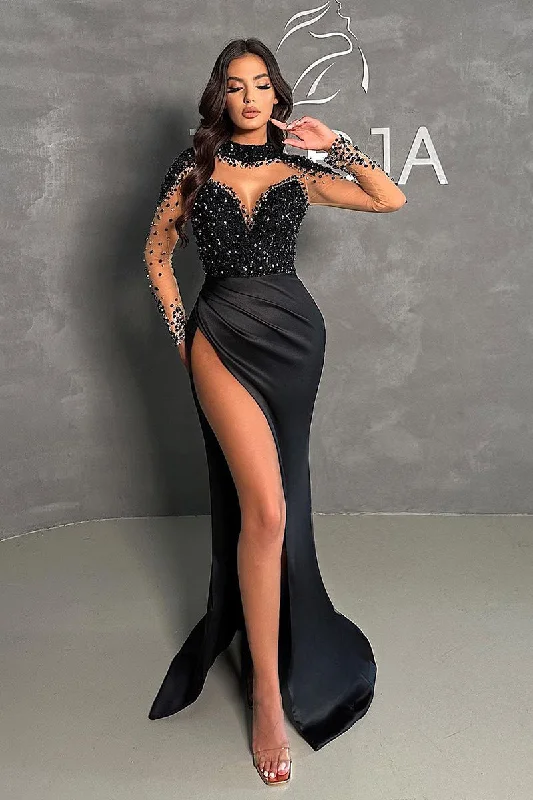 Season Finale Sale vintage dressIllusion Neckline Beads Sexy High Split Black Long Sleeves Formal Evening Dress QP0845 Season Finale Sale vintage dressIllusion Neckline Beads Sexy High Split Black Long Sleeves Formal Evening Dress QP0845