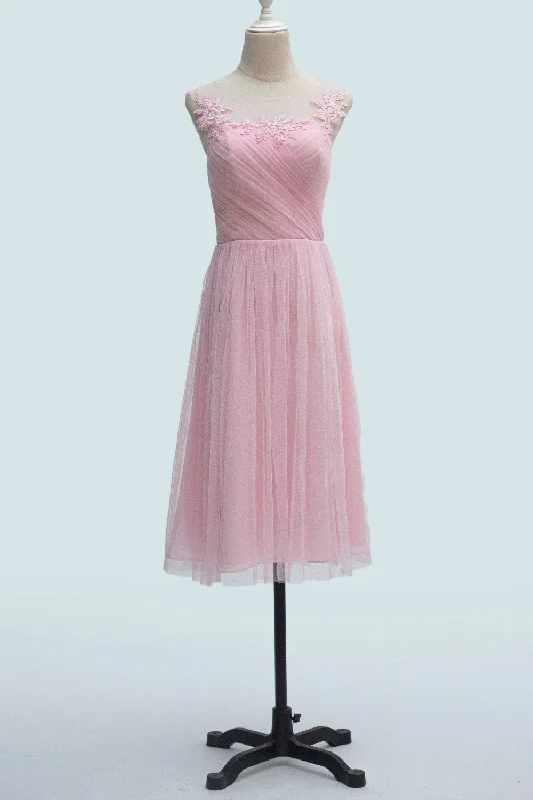 Blowout Deals lace dressCandy Pink A-line Illusion Tulle Pleated Applique Knee Length Bridesmaid Dress