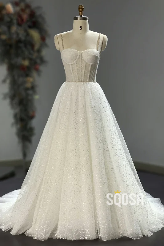 Exclusive Offers pleated dressWomen's Spaghetti Straps Sparkly Bohemian Wedding Dress QW2218