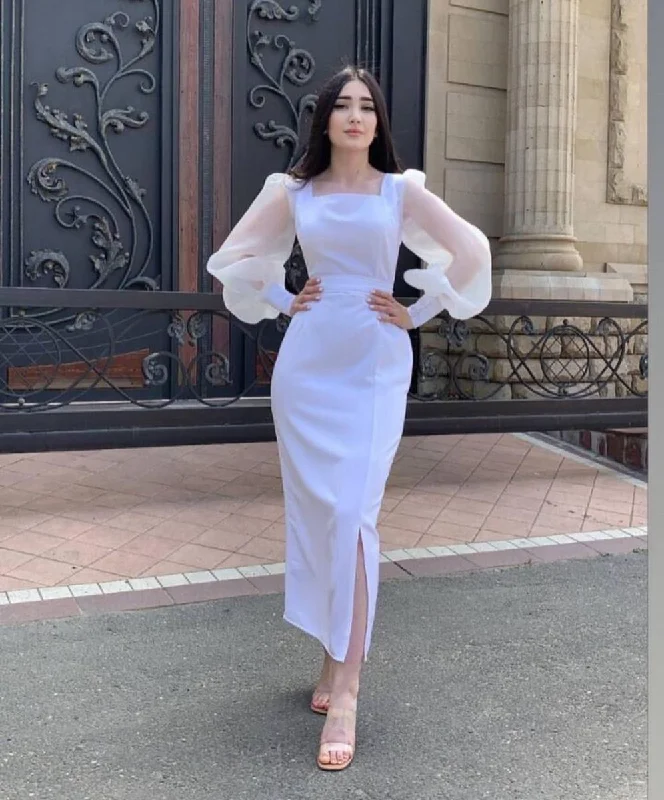 Blowout Deals classic fit-and-flare dressWhite Square Neckline Tea-length Prom Dress With Lantern Sleeves Y3047 Blowout Deals classic fit-and-flare dressWhite Square Neckline Tea-length Prom Dress With Lantern Sleeves Y3047