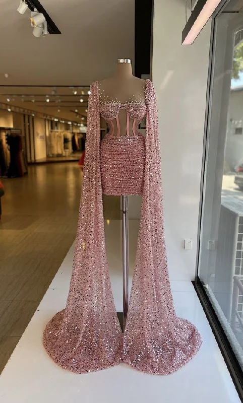 Midnight Sale t-shirt dressSequins Sparkling Elegant Prom Dresses With Long Wrap Train Short Mini Length Women Sexy Party Cocktail Gowns Custom Made Y2983