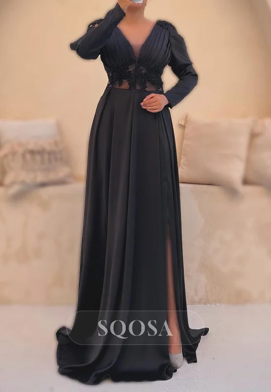 Amazing Deals off-the-shoulder dressSatin A-Line V-Neck Long Sleeve Appliques Party Prom Evening Dress QP3555