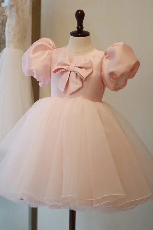 Price Smash romantic dressChic Bateau Neckline Short Sleeves Pink Cute Flower Girl Dress First Communion Dress QF1030