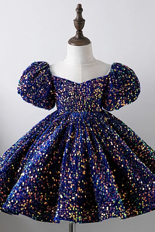 Savings Galore luxury dressIllusion Neckline Sequins Short Sleeves Flower Girl Dress Cute First Communion Dress QF1041
