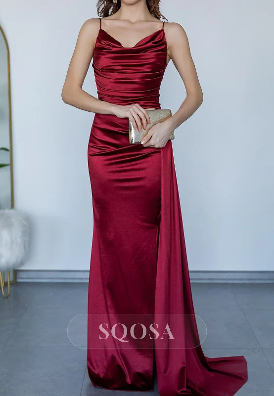 Unmissable Offer chic dressSatin Trumpet Spaghetti Straps Ruched With Side Slit Party Prom Evening Dress QP3565