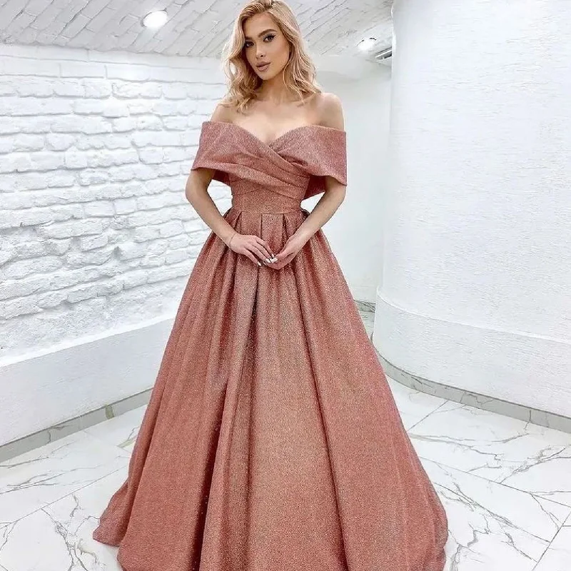 Limited Quantity t-shirt dressSparkle A-Line Off-Shoulder Pleated Formal Prom Dress Evening Gown QP3125