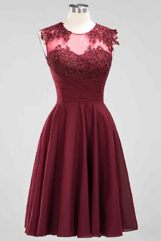 Don't Wait printed dressBurgundy A-line Illusion Neck Applique Chiffon Beaded Mini Bridesmaid Dress