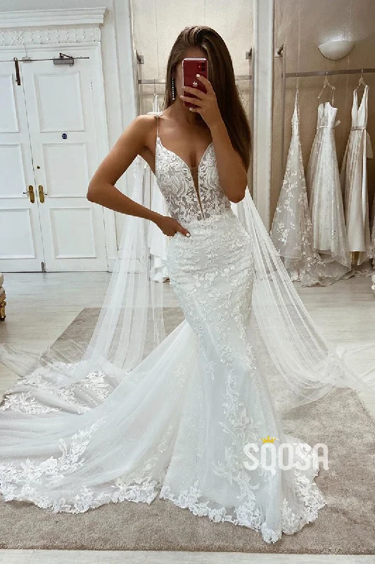 Final Sale fitted cocktail dressPlunging V-neck Spaghetti Straps Lace Wedding Dress Mermaid Gown with Overlay QW2581