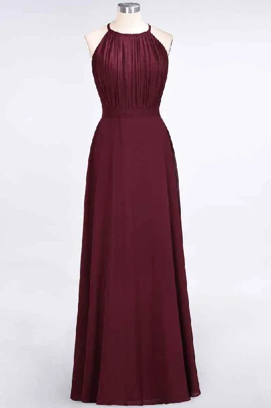 Huge Discounts floral dressBurgundy A-line Halter Cut-Out Back Pleated Chiffon Long Bridesmaid Dress