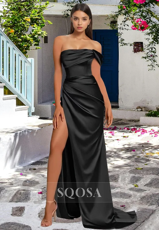 Extra Savings printed dressPleated Floor-Length Evening Gowns Tube Top Off-Shoulder Sleeveless Mermaid Prom Dress with High Slit
