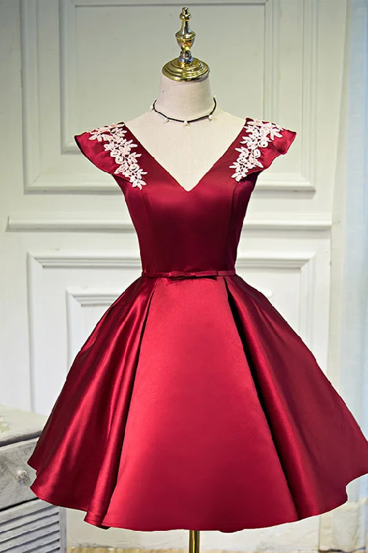 Special Price wool dressRed Flutter Sleeves V Neck Appliques Homecoming Dress with Bow