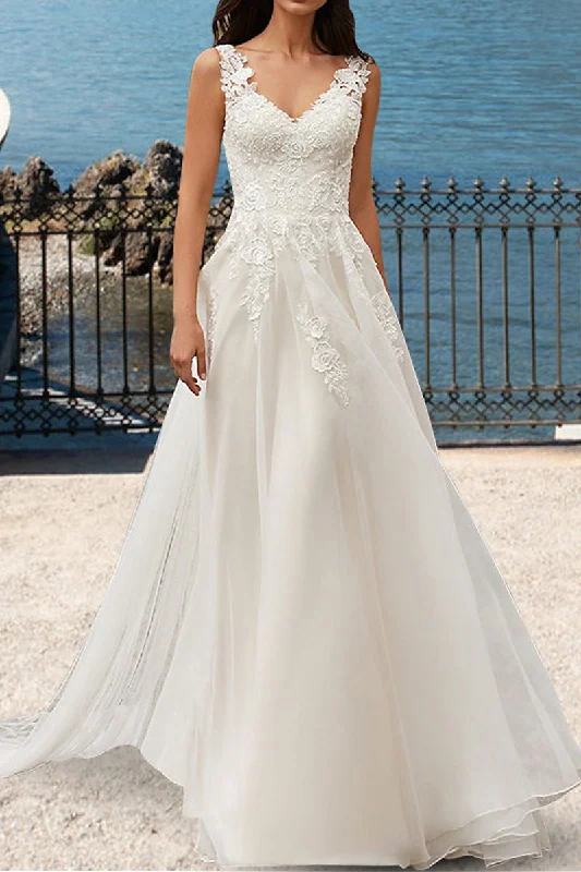 Deal Frenzy party dressBeach Wedding Dress Court Train Lace Appliques A Line V Nec Summber Bridal Gown QW2390