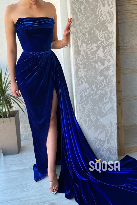Quick Sale stylish party dressRoyal Blue Strapless Velvet Pleats Long Train Split Sexy Prom Dress Party Gown QP0828