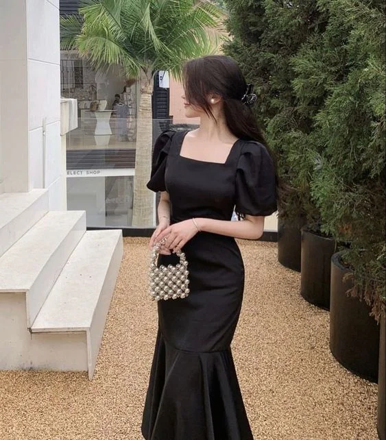 Crazy Deals A-line dressPuff-Sleeve Square-Neck Mermaid Dress,Vintage Black Mermaid Prom Dress Y3039