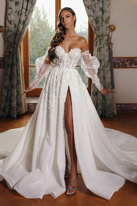 Reduced Prices pleated maxi dressA line Sweetheart Lace Appliques Long Sleeves Rustic Wedding Dress with Slit QW0930