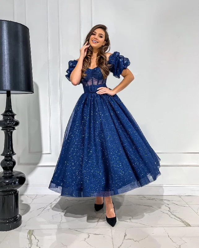 Price Smash one-shoulder dressA-Line Off- Shoulder Sparkly Sheer Royal Blue Prom Evening Dress QP3139