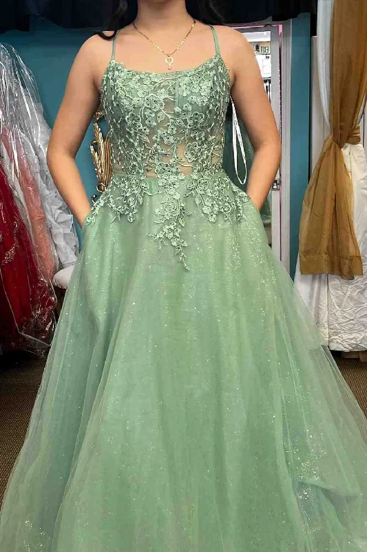 Final Markdown sophisticated dressDusty Sage A-line Lace-Up Back Applique Tulle Long Prom Dress  Y4005