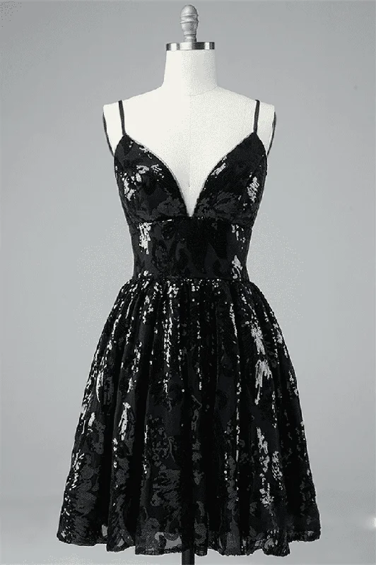 Fantastic Deals silk dressBlack A-line V Neck Lace-Up Back Sequins-Embroidered Mini Dress