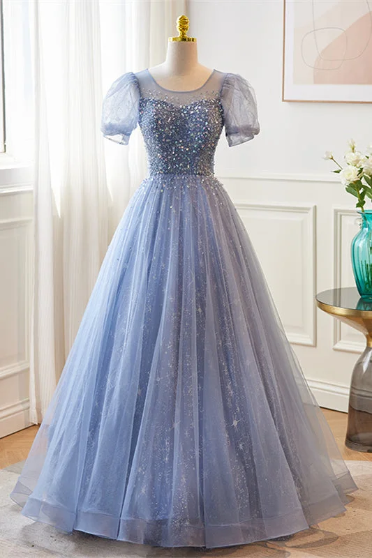 Special Price lace dressBlue Illusion Neck Puff Sleeves A-line Sequined Long Prom Dress