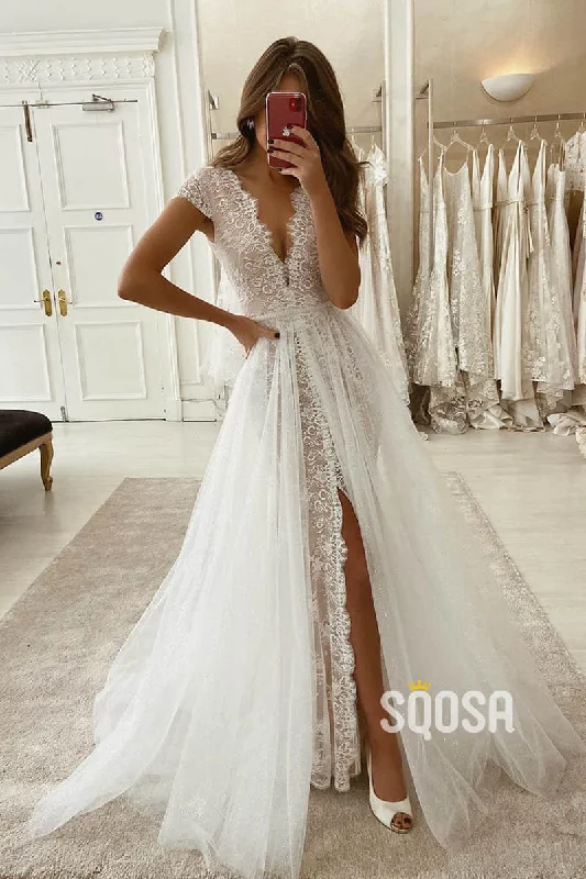 Special Savings relaxed fit dressA-line Unique Cap Sleeves V-neck High Split Lace Wedding Dress Bohemian Wedding Gown QW2242