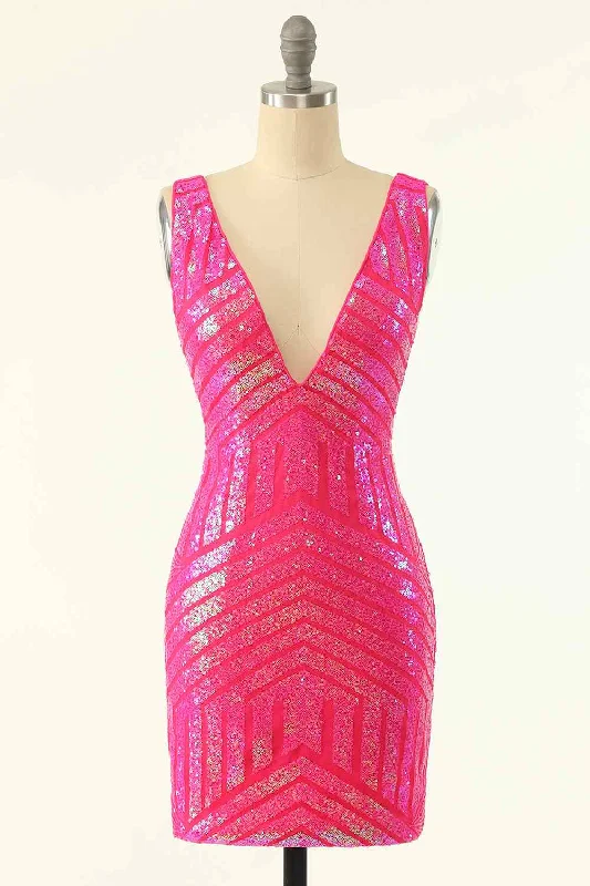 Price Meltdown fitted dressHot Pink Sheath V Neck Sequin-Embroidered Mini Homecoming Dress