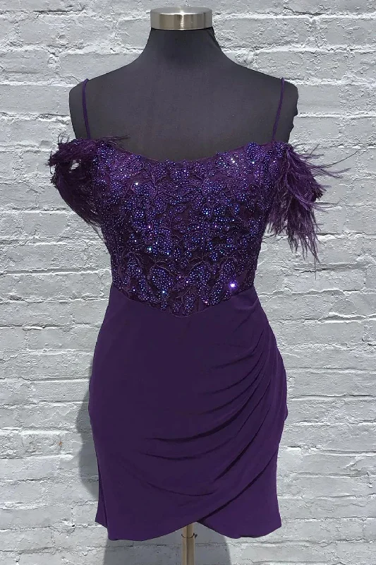 Buy More, Save More stylish party dressGrape Spaghetti Straps Bodycon Homecoming Dress with Feather