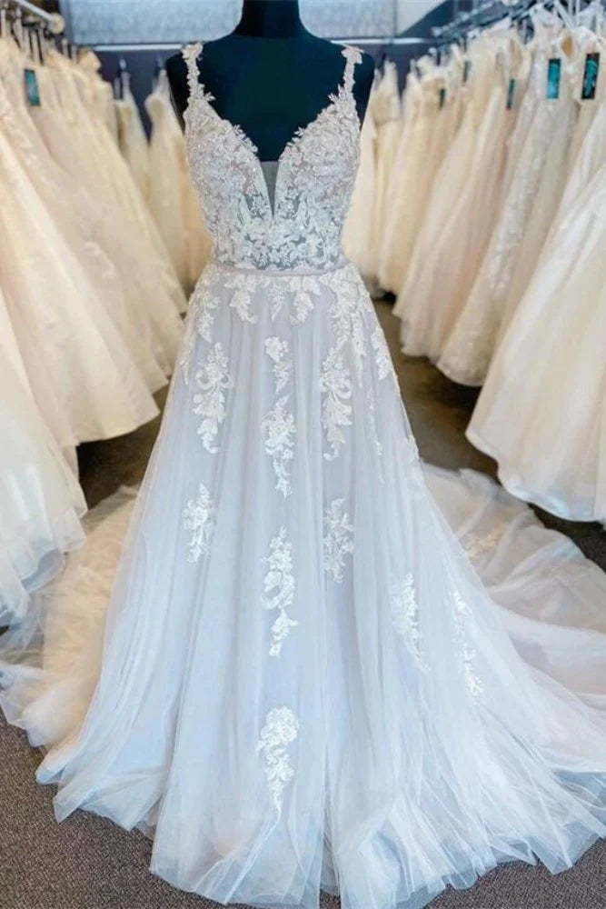 Buy Now chic shift dressSexy Tulle A-Line V-Neck Spaghetti Straps Appliques Open Back Wedding Dress